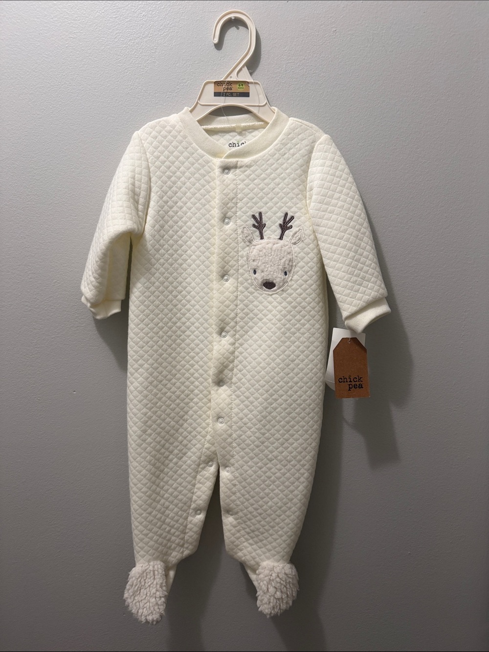 chick pea Cream Quilted Footed Baby Pajama with Reindeer Face